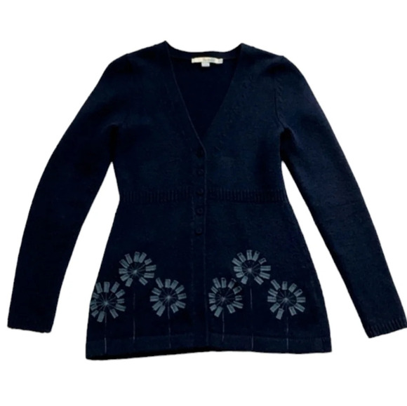 Boden Navy Blue Floral Applique Long Sleeve Wool Angora Blend Cardigan Size 4 - Picture 1 of 4